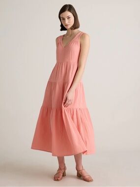 Quince Coral Pink Sleeveless V‑Neck Tiered Maxi Dress